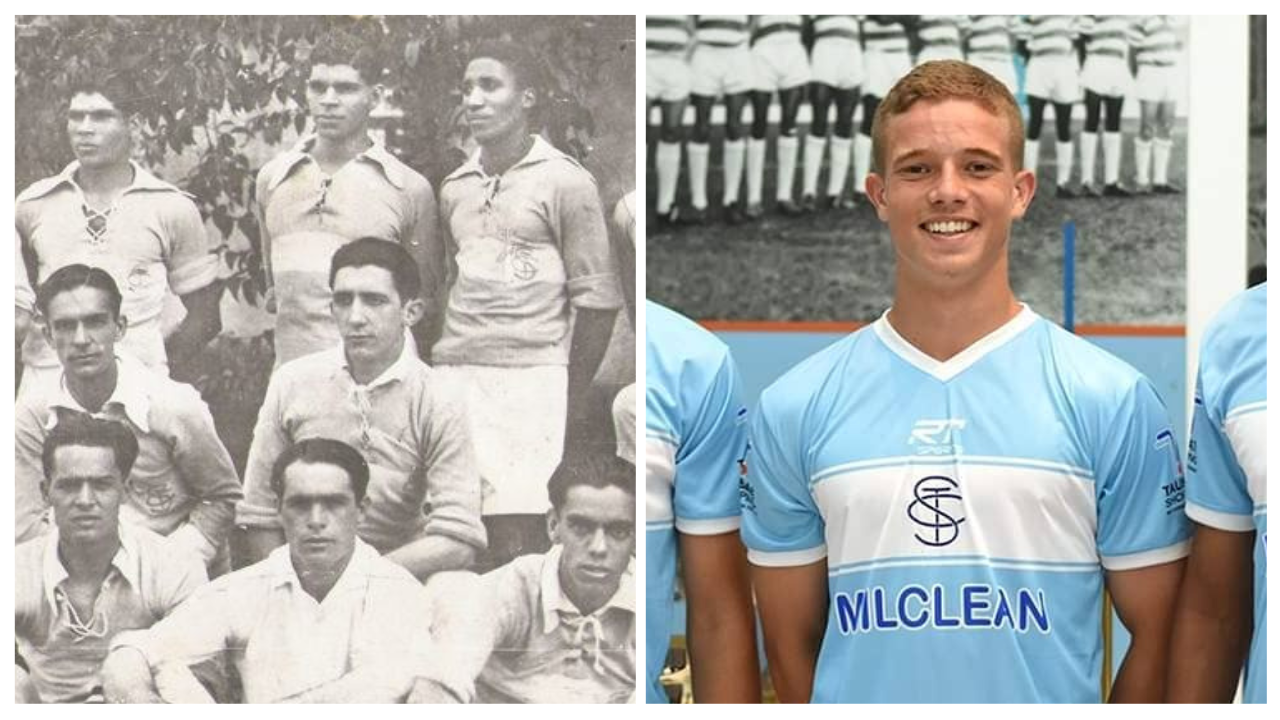 Foto antiga de jogadores com camisa do Burro da Central azul celeste com faixa branca e o símbolo antigo ainda quando o clube se chamava Spor Club Taubaté. Ao lado uma foto mais recente de um jogador usando uma camisa comemorativa que remete ao símbolo antigo do clube
