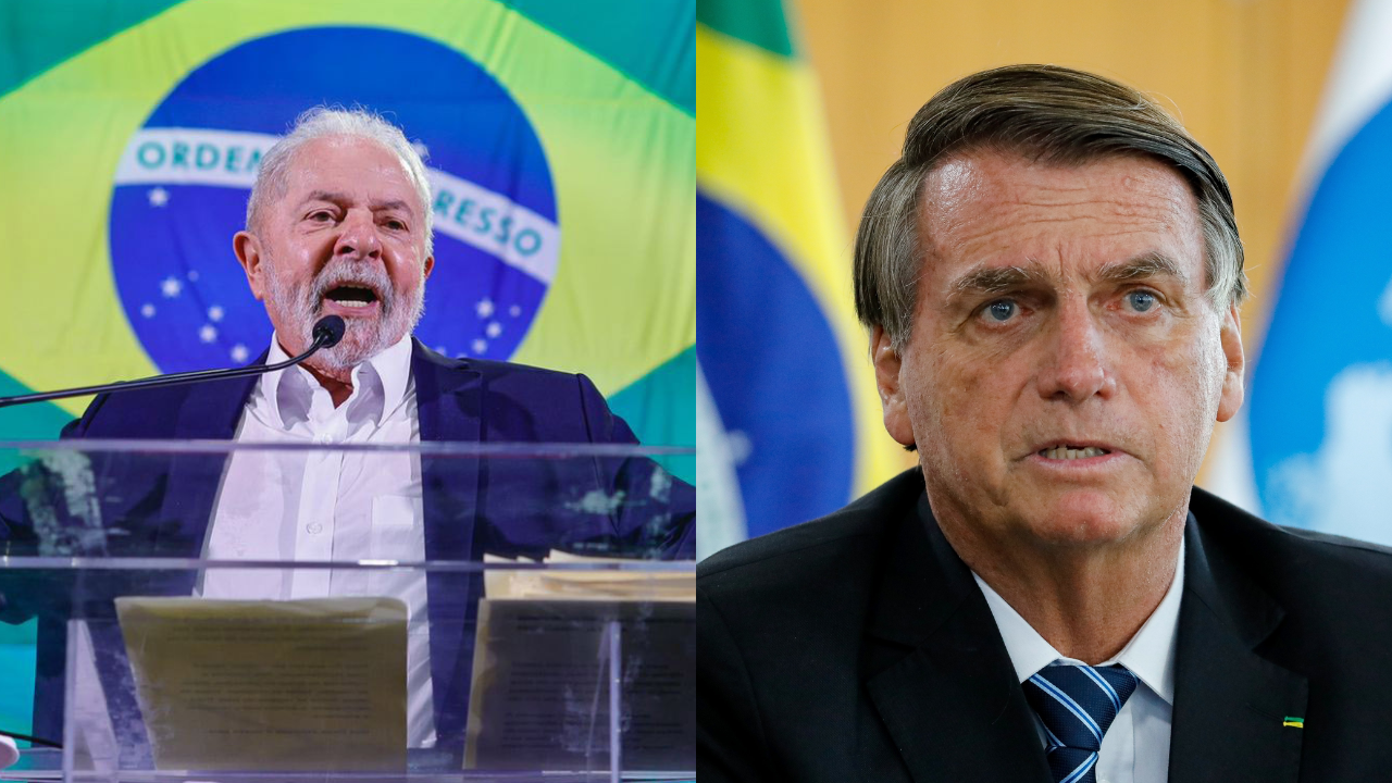 Colagem de fotos mostra imagem Lula à esquerda, de boca aberta e falando sobre palanque com a bandeira do Brasil atrás, e foto de Bolsonaro, olhando fixamente para a frente e também com bandeira nacinal atrás.