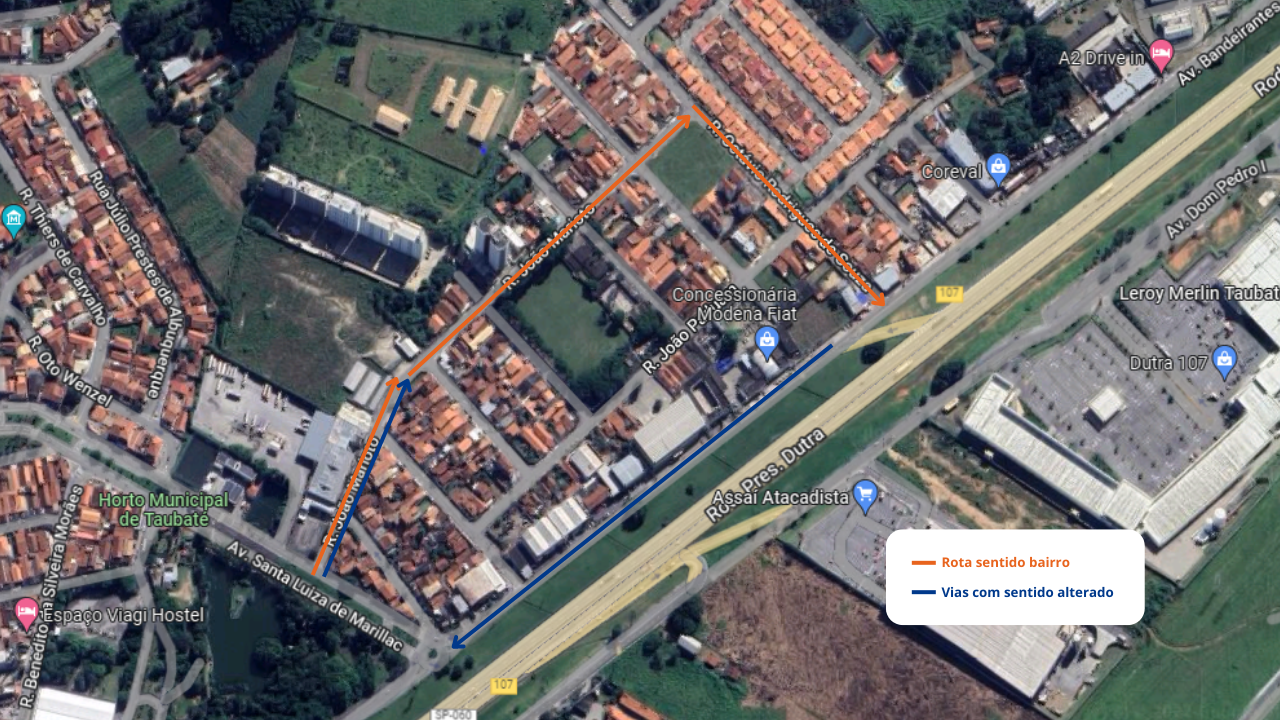 Mapa com visão aérea da região da avenida dos Bnadeirantes, em Taubaté, mostrando a alteração de trechos.