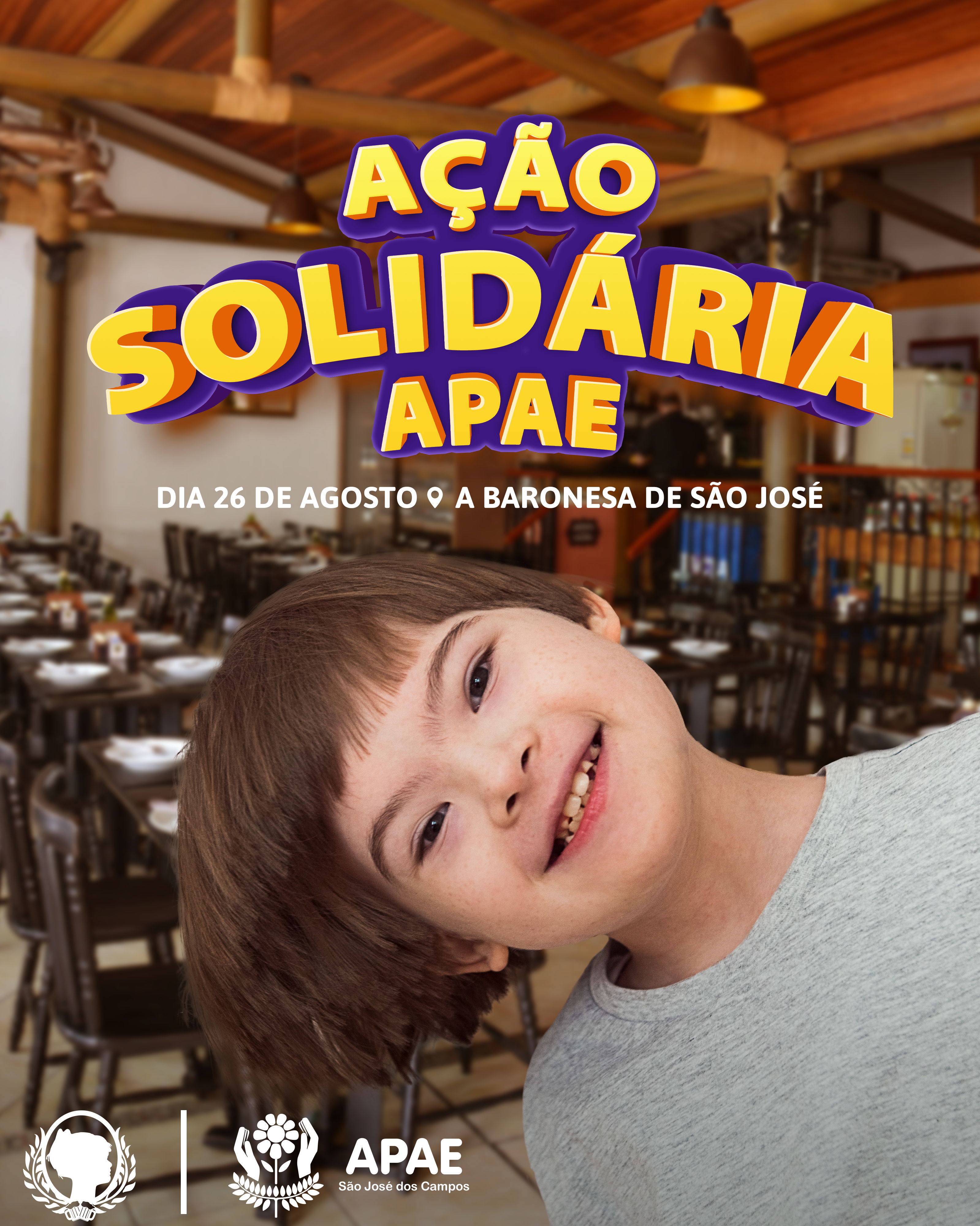 Card de divulgação de ação solidária do restaurante A Baronesa de São José com a APAE SJC.