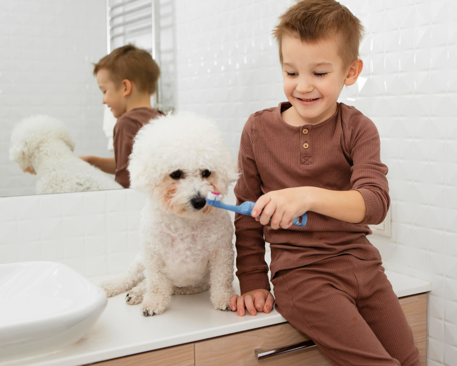 Garoto de cabelo castanho e pijama marrom sentado em uma pia ao lado de seu cachorro. Ele ajuda o cãozinho, branco e de pelo cheio, a escovar os dentes.