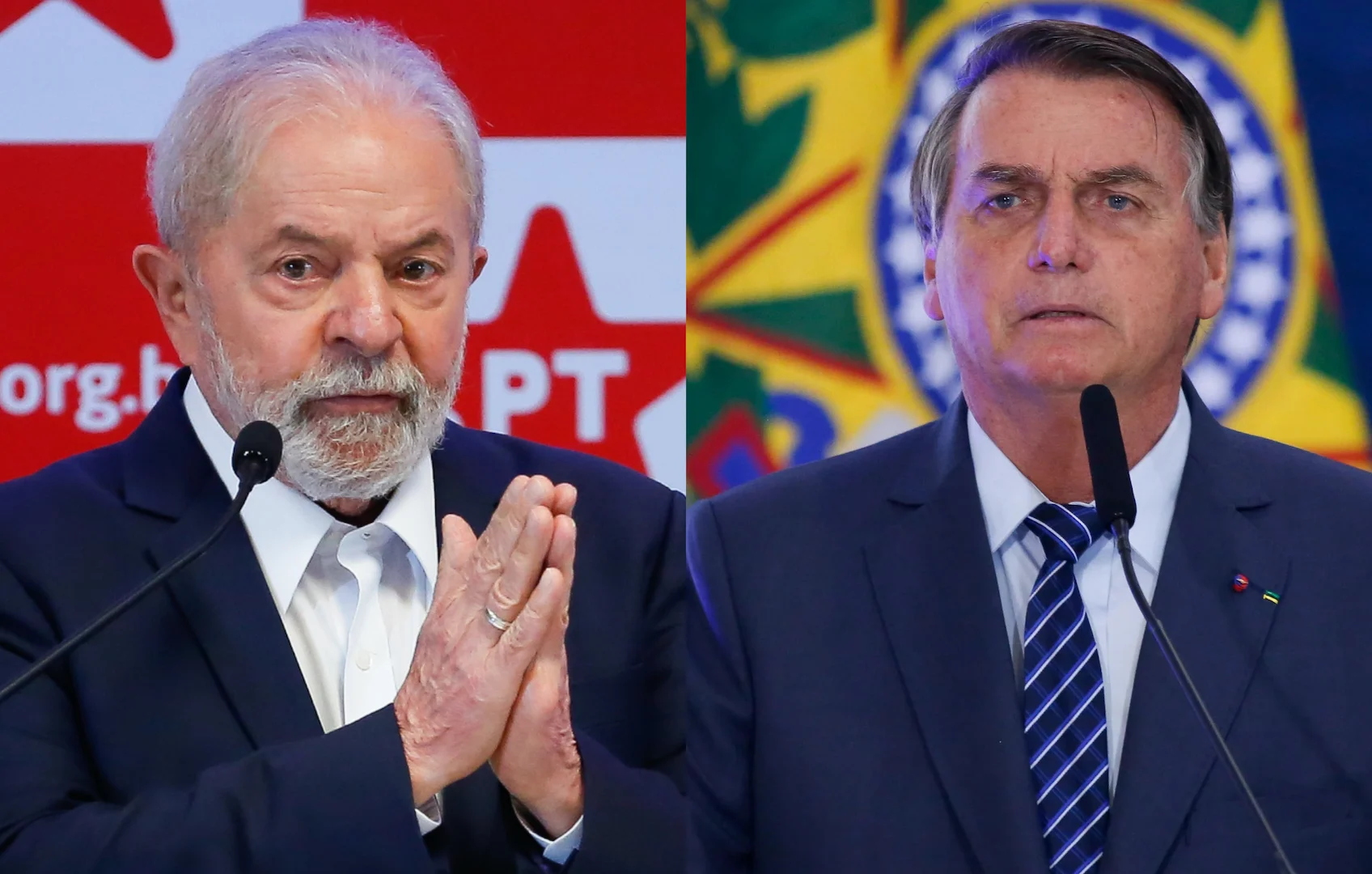 Colagem com fotos de Lula, à esquerda, e Bolsonaro, à direita