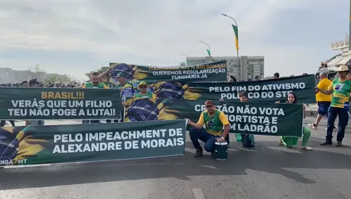 Bolsonaristas com as cores do Brasil, pedindo a demissão de Alexandre de Moraes.