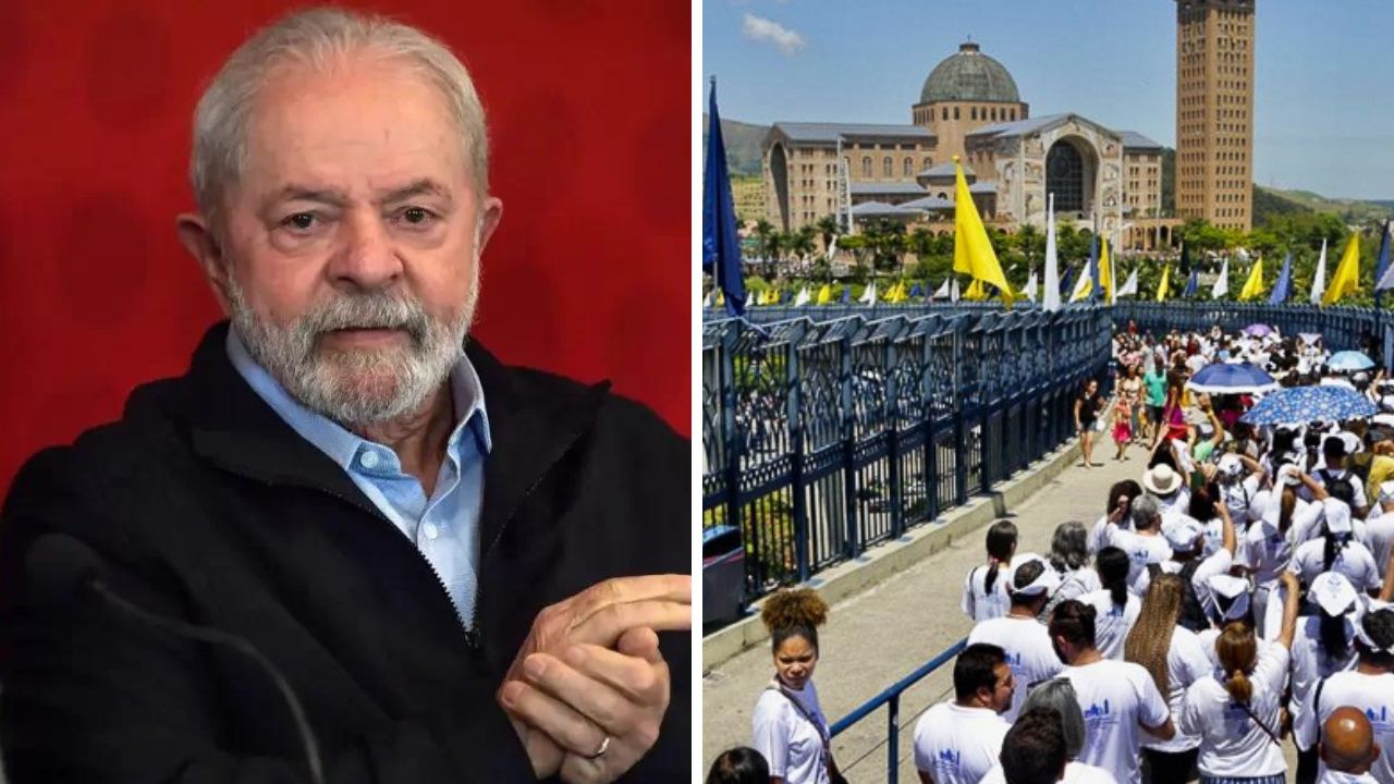 À esquerda, Lula, à direita, o Santuário Nacional de Aparecida, durante a Romaria pela Democracia.