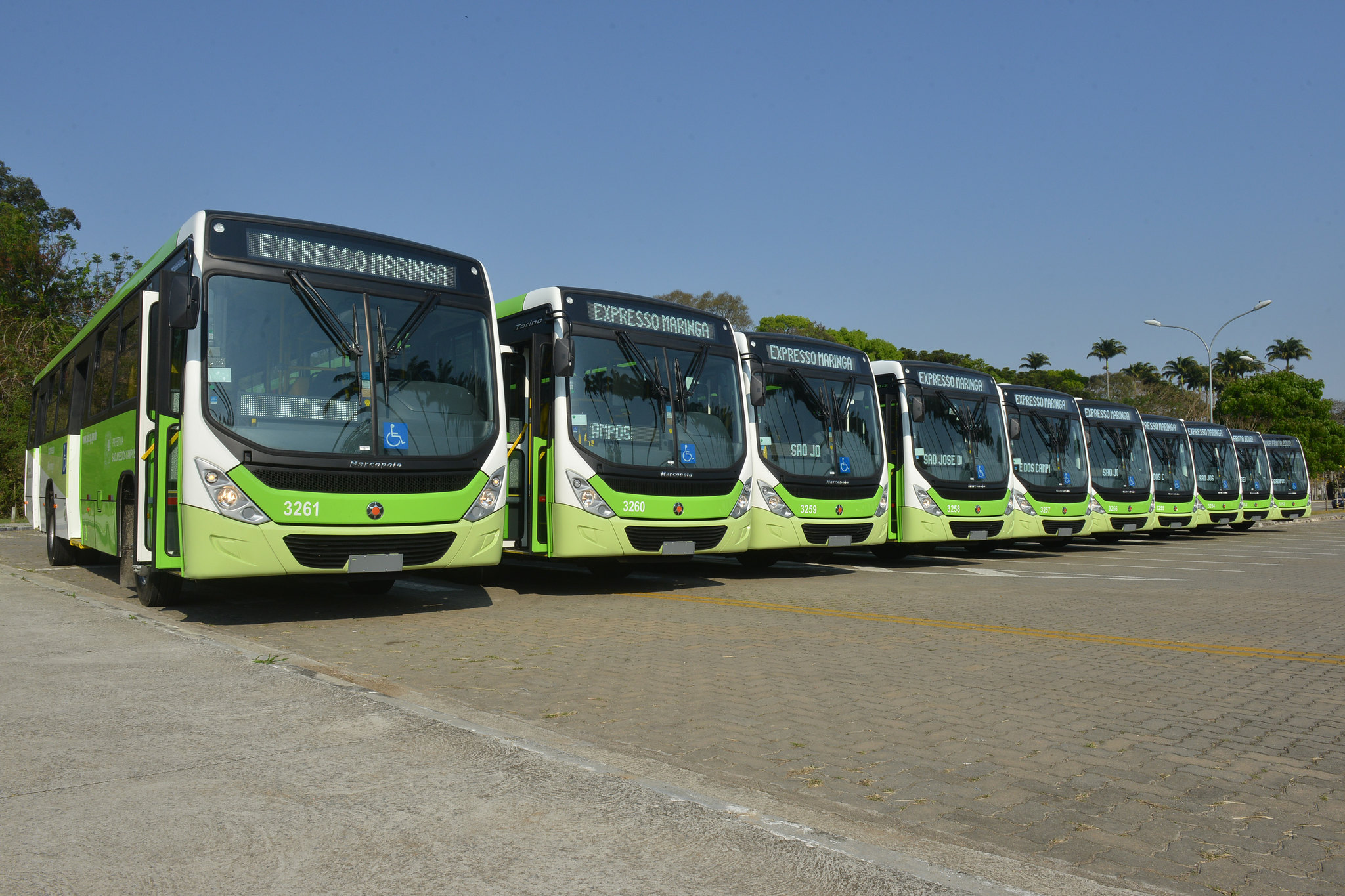 ônibus de são josé dos campos, cidade do vale do paraíba, estacionados e enfileirados