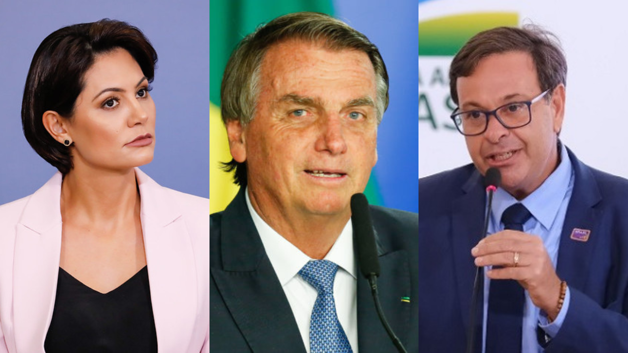 colagem de fotos com michelle bolsonaro, jair bolsonaro e gilson machado
