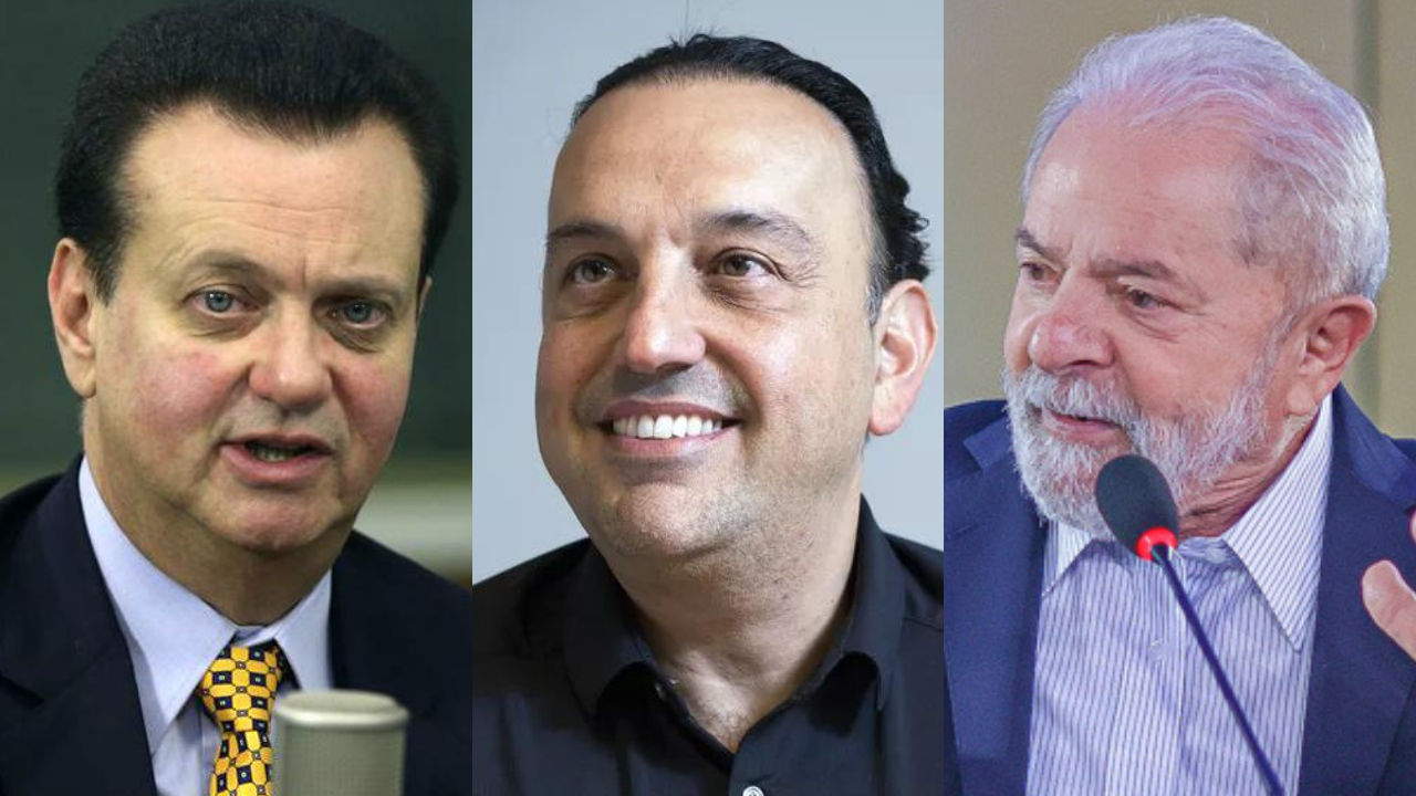 Arte mostra Gilberto Kassab, Felicio Ramuth e Luiz Inácio Lula da Silva, respectivamente, ilustrando a matéria que Kassab buscará acordo com PT e Lula.