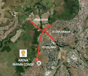Trajeto em mapa do passeio ciclístico Bora de Bike, em SJC, com área verde e a marcação em vermelho.