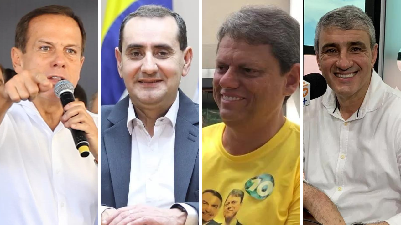 Ilustração da Retrospectiva 2022 no Vale do Paraíba, com personalidades da política da região: João Doria, Anderson Farias, Tarcísio de Freitas e José Saud.