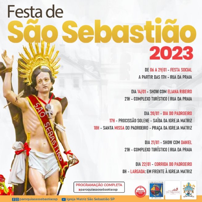 Programação da Festa do Padroeiro de São Sebastião 2023, com um santo no lado esquerdo e escritas no lado direito.
