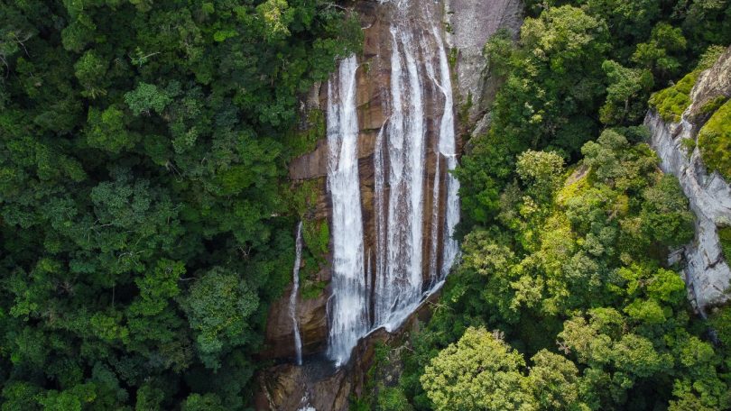 Foto mostra a Cachoeira dos Gatos, em Ilhabela, com área verde e árvores em volta.