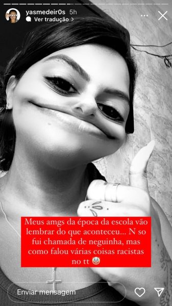 trecho dos stories da influenciadora Yasmin Medeiros em que acusa Giovanna Leão de racismo