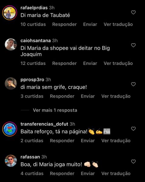 comentários na publicação do Taubaté no Instagram comparando Rildo ao argentino Di Maria