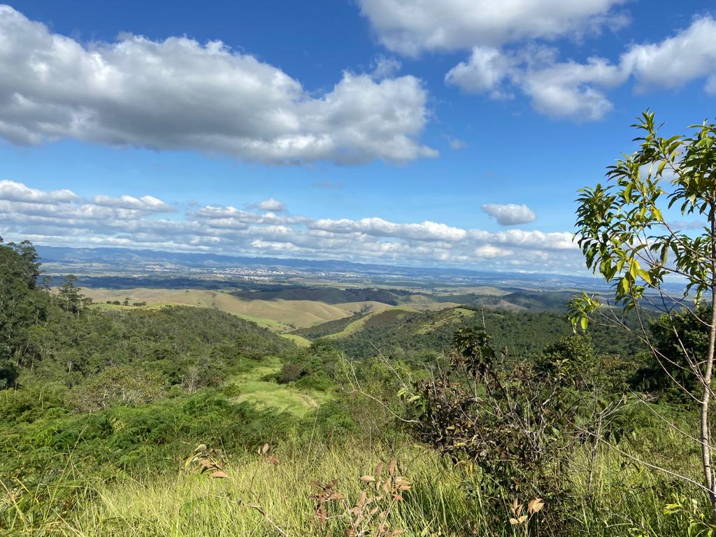 Vista da Mata Atlântica e do cerrado em Caçapava, com área verde em volta, céu azul e nuvens.