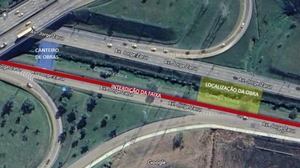 imagem da Av. Jorge Zarur interditada, com base no Google Maps; foto ilustra a interdição da Av. Jorge Zarir, em SJC