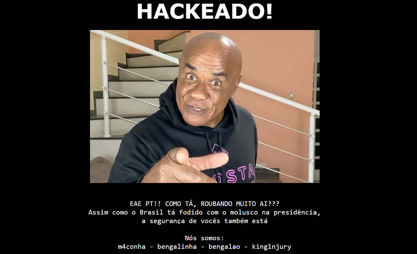 Site do PT é hackeado; foto mostra Kid Bengala com imagem preta e ataques ao presidente Lula.