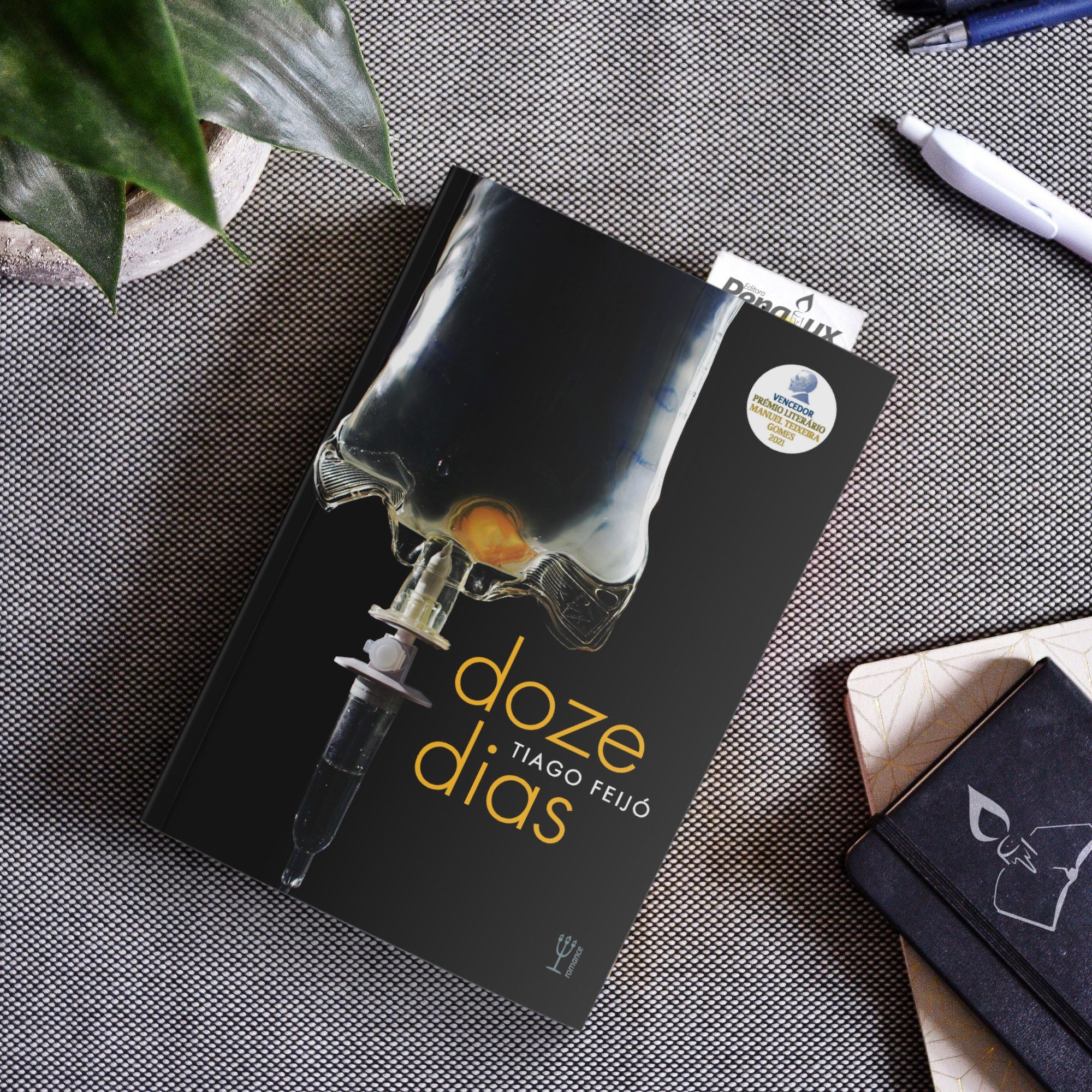 Capa do livro Doze Dias, do escritor Tiago Feijó, de Guaratinguetá, com capa preta, em cima de uma mesa, com toalha cinza.