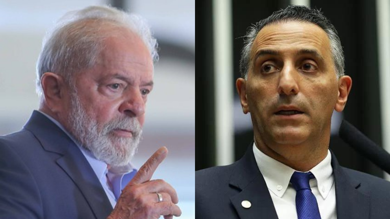 Eduardo Cury fala sobre PT e Lula; foto mostra ambos um ao lado do outro, em uma arte, com terno, camisa branca e fundo escuro.
