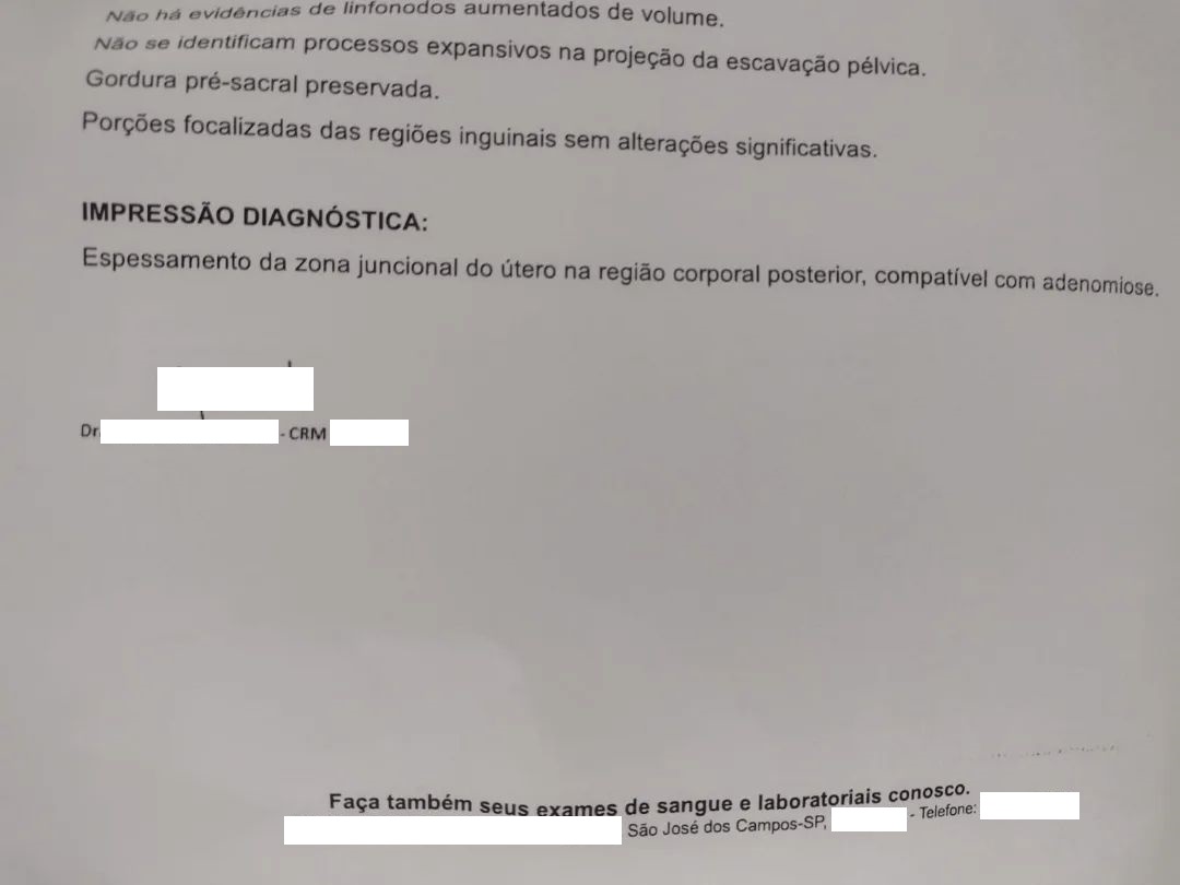 Laudo médico que confirma que Isabelle Mioni desenvolvou adenomiose; foto ilustra matéria sobre acusação da jovem ao Hospital da Vila Industrial, em SJC, de violência obstetrícia.