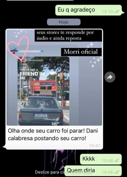 print de conversa de conmhecida avisando para joão que a parati tinha ido parar nas redes sociais da humorista dani calabresa.