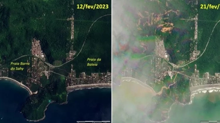 imagem do satélite Planet Scope que mostra o antes e depois no Litoral Norte, com os estragos das chuvas