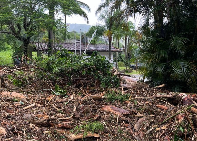 Foto mostra resultado das chuvas em São Sebastião, que destruiu casas e derrubou árvores.