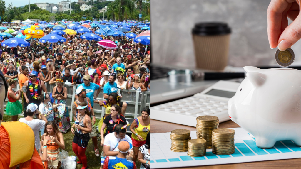 Imagem de uma montagem com duas fotos. Ao lado esquerdo é uma multidão de pessoa curtindo o carnaval. Ao lado direito é um cofrinho de porquinho, com uma mão colocando moeda dentro; foto ilustra matéria sobre curtir o carnaval.