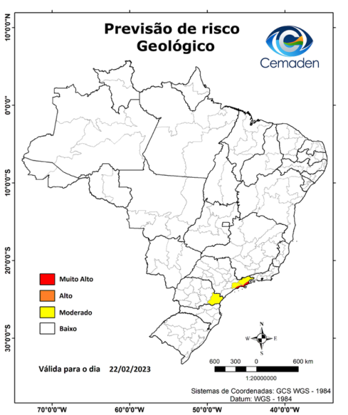imagem de previsão de risco geológico para o litoral norte; foto ilustra matéria sobre novos deslizamentos no Litoral Norte.