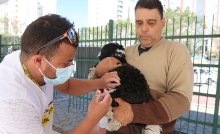 Homem segurando um cachorro preto para que um veterinário aplique a vacina antirrábica em Jacareí.