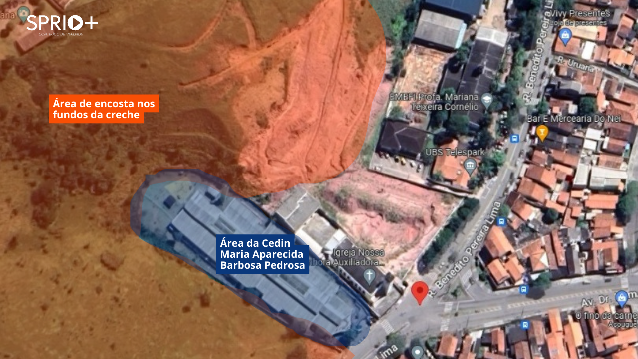 arte com mapa da vista aérea da creche e o morro aos fundos da unidade