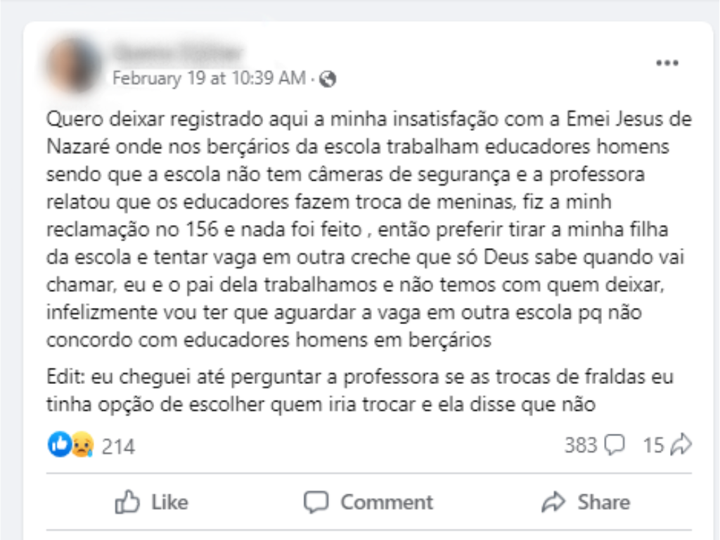 Captura de tela mostra uma mulher de São José dos Campos reclamando de homens trabalhando em creches municipais; foto ilustra matéria sobre retirada de sua filha da Emei Jesus de Nazaré, na região sul de SJC.