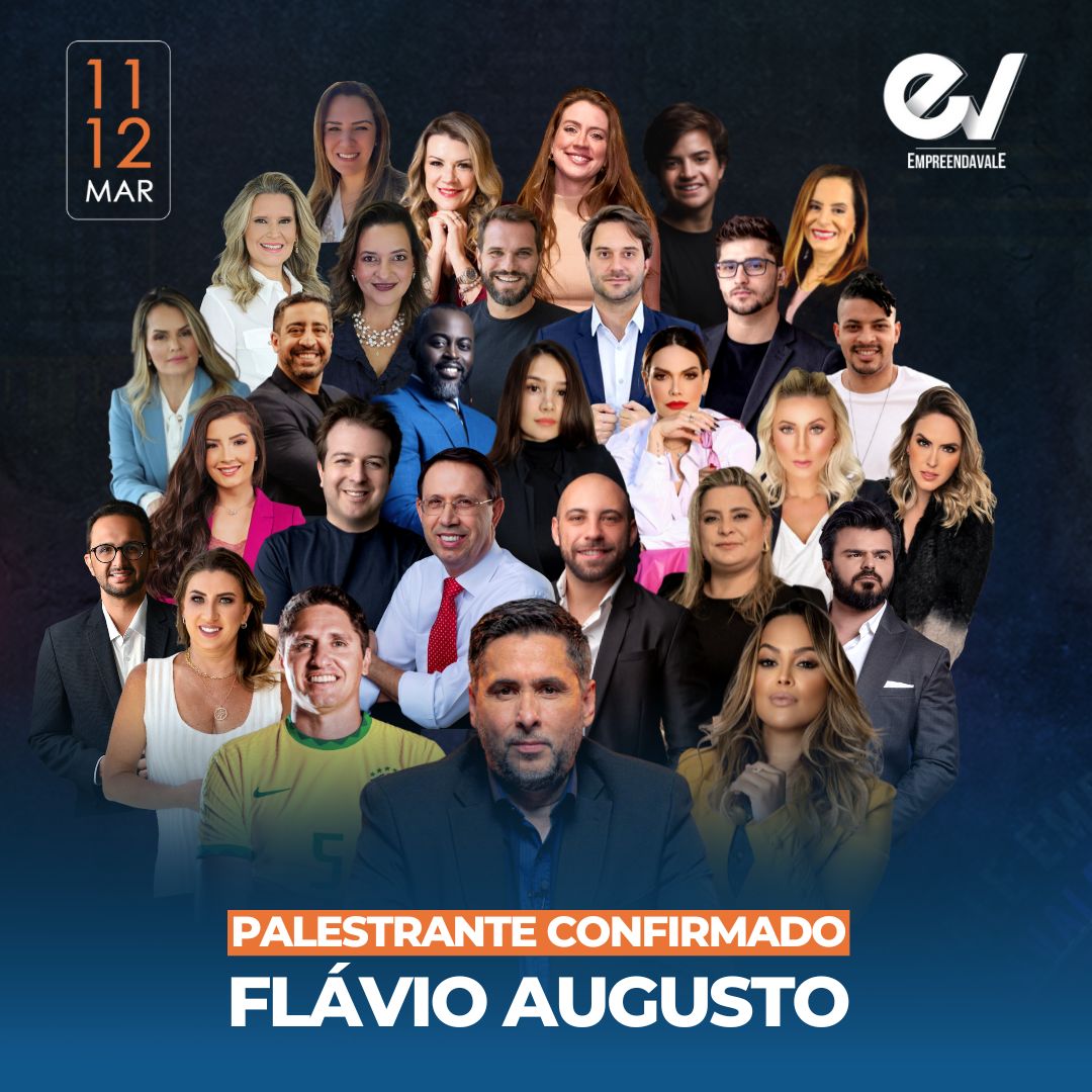 Arte mostra os convidados e empreendedores convidados da EmpreendaVale 2023, que aconecerá em São José dos Campos (SJC), com destaque para Flávio Augusto da Silva (Geração de Valor).