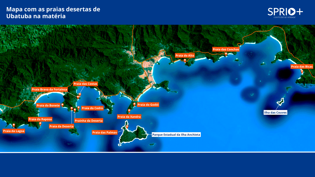 mapa com indicação da localização de cada uma das 14 praias desertas em ubatuba na lista