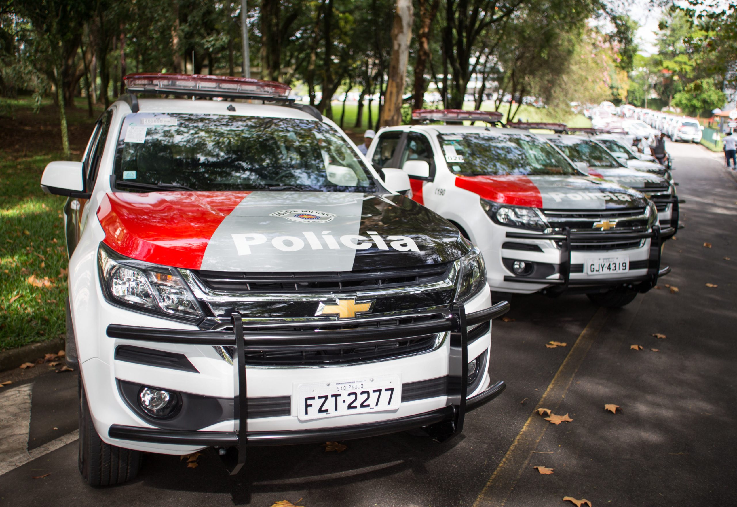 Viaturas da Polícia Militar do estado de São Paulo estacionadas em uma rua, enfileiradas, com árvores ao fundo; foto ilustra matéria sobre anúncio do governador Tarcísio de Freitas sobre aumento da ronda policial nas escolas e contratação de psicólogos.