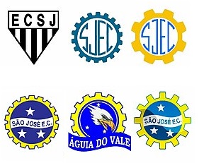 Escudos do São José EC, clube de São José dos Campos, interior de São Paulo (SP); foto mostra os símbolos ao lado um do outro, em cores diversas.