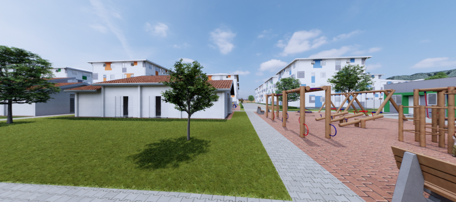 Ilustração do conjunto de casas que será construído no bairro Baleia Verde em São Sebastião: pequenos prédios com área de lazer entre eles