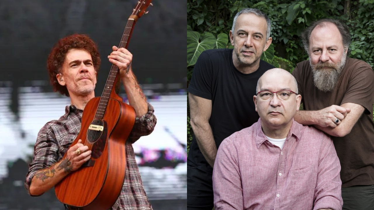 Nando Reis em pé tocando violão e Paralamas do Sucesso agrupados. Nando Reis e Paralamas vão fazer show em são josé