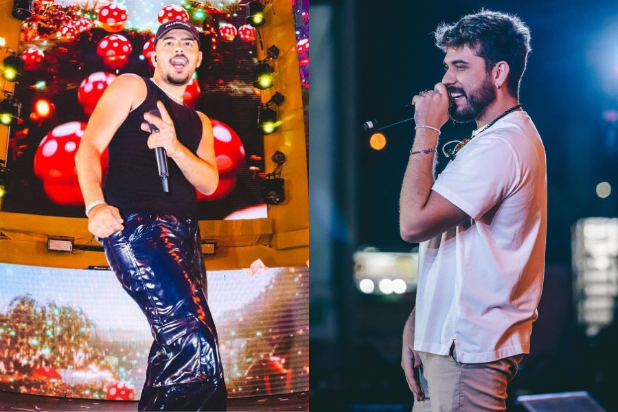 Pedro Sampaio e Gustavo Mioto durante shows; os artistas estarão em Jacaréi neste sábado
