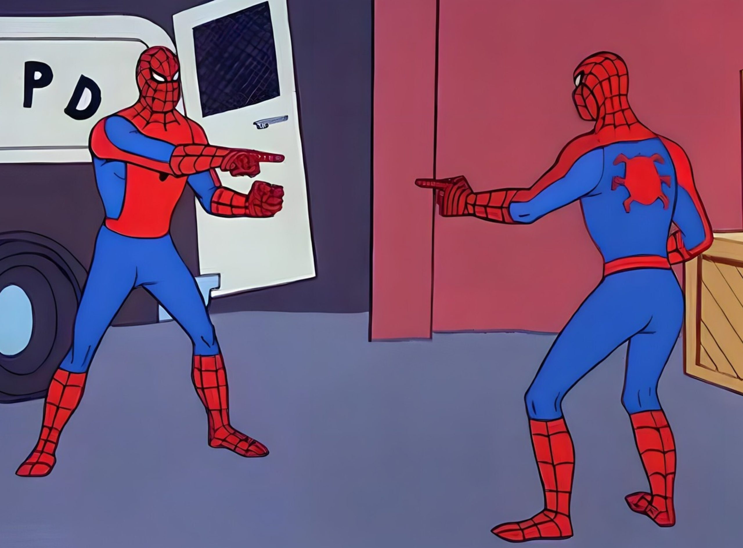Dois Homens-Aranha apontando o dedo um para o outro. O meme faz alusão ao twitter e threads, nova rede social.