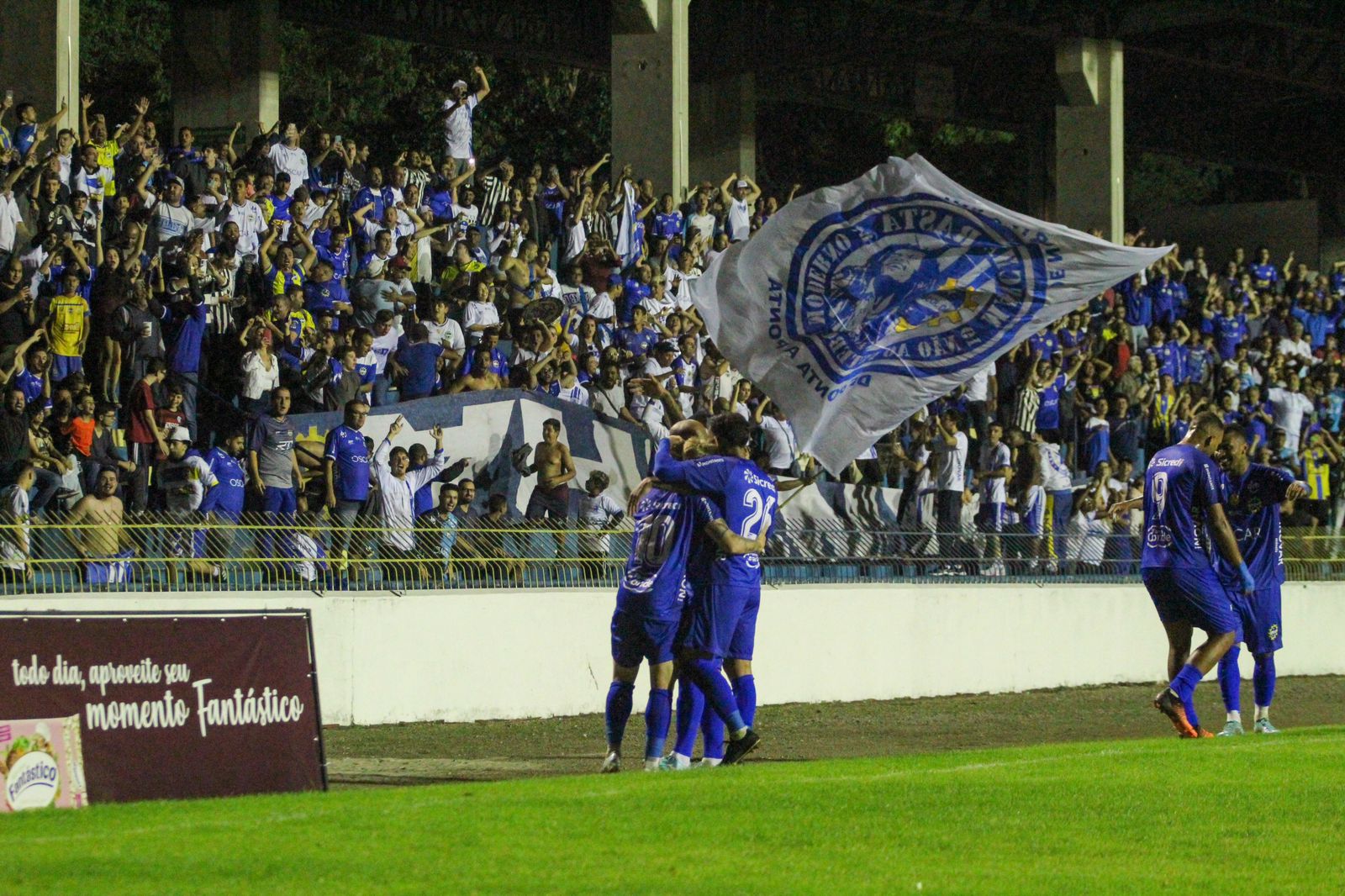 jogadores do são josé comemorando gol junto à torcida em partida pela copa paulista no estádio martins pereira