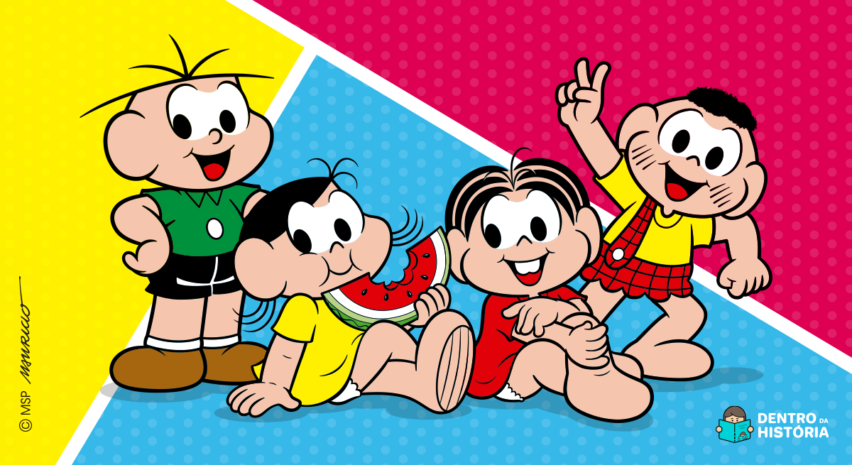 arte com cebolinha, magali, mônica e cascão, personagens da turma da mônica.
