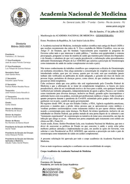 carta enviada pela associação nacional de medicina ao presidente lula pedindo para que vetasse projeto de lei que autoriza prática da ozonioterapia