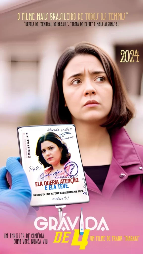 pôter do filme "grávida de 4" mostra pessoa conferindo com uma luva de borracha azul uma espécie de carteirinha de identidade na frente de sua suposta dona