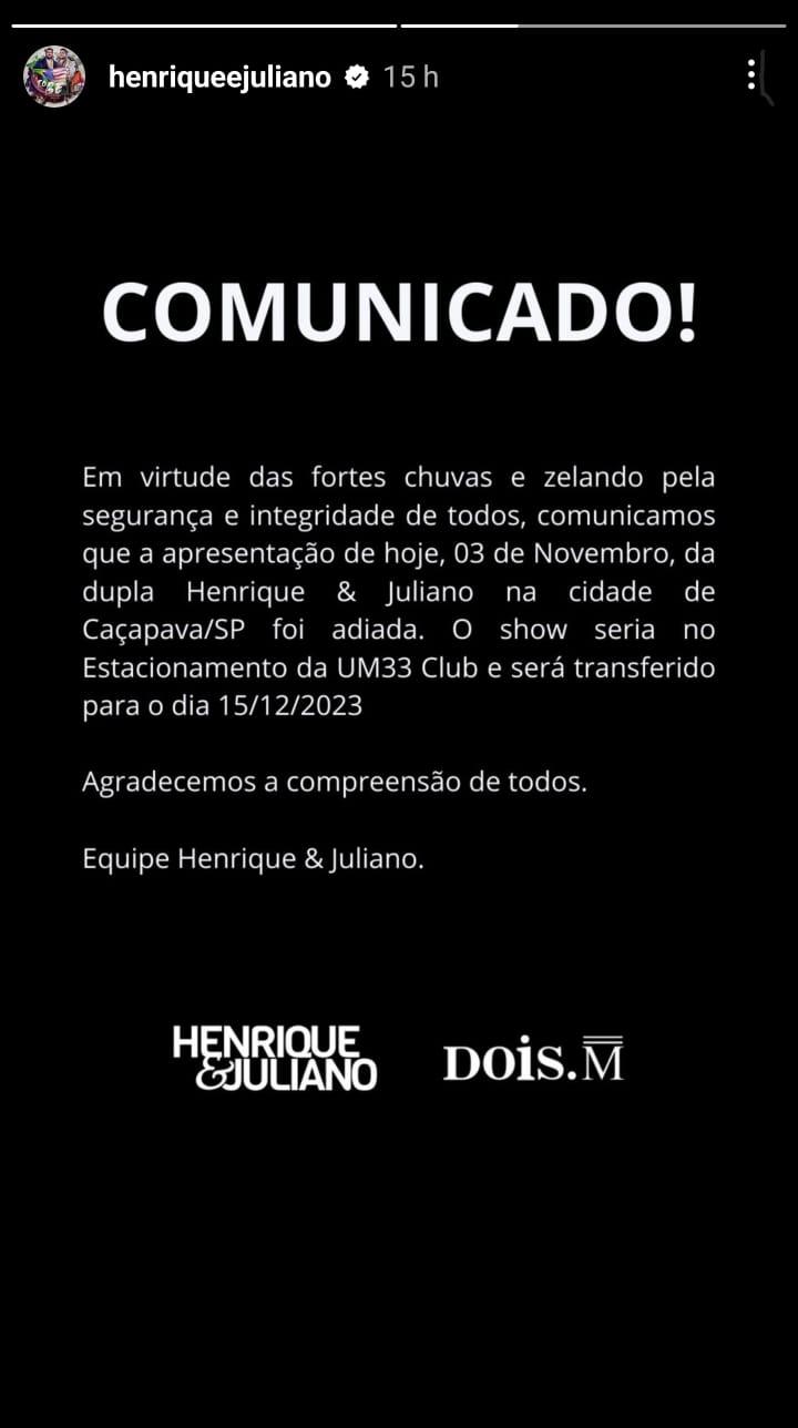 Ingressos adquiridos para show de Henrique e Juliano em Caçapava serão mantidos