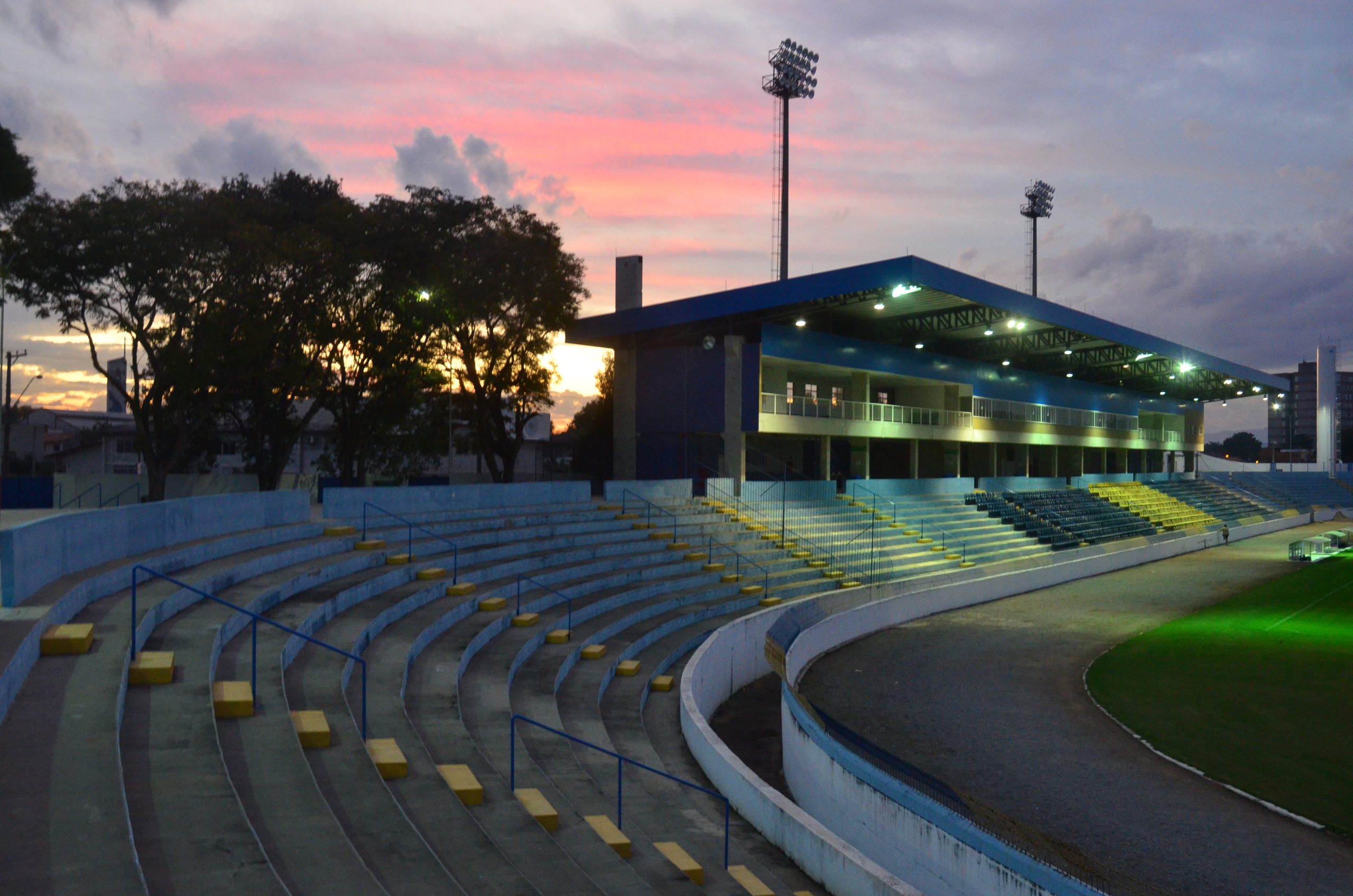 Parte da arquibancada, fosso e gramado do Martins Pereira