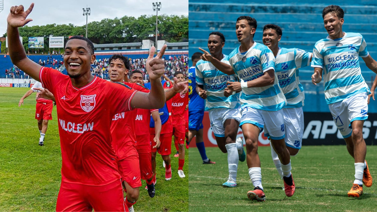 colagem com fotos dos jogadore do atlético guaratinguetá (à esquerda) e taubaté (à direita)