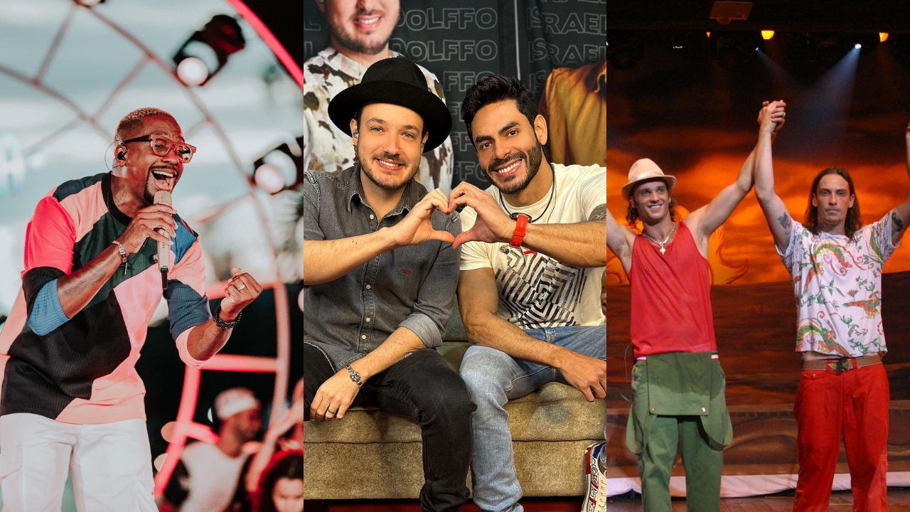 colagem de fotos que mostram, da esquerda para a direita, o cantor mumuzinho, na sequência a dupla israel & rodolffo e depois dois integrantes da banda falamansa