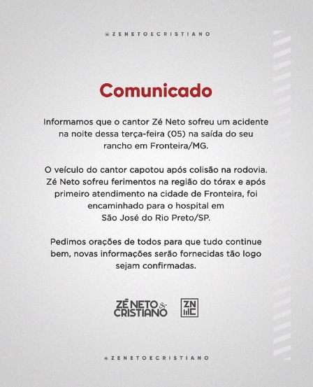 Adiado show da dupla Zé Neto e Cristiano e, SJC, após Zé Neto pegar dengue