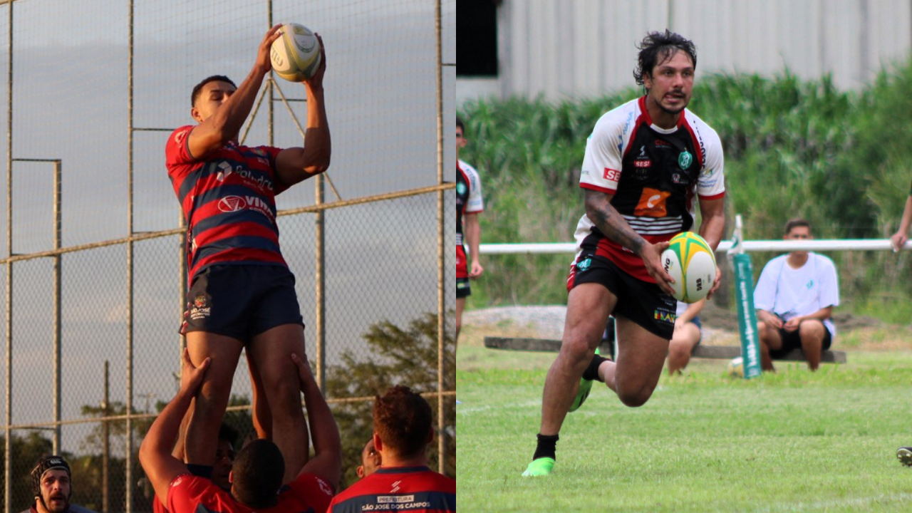 Atletas do São José e do Jacareí Rugby, segurando a bola em campo