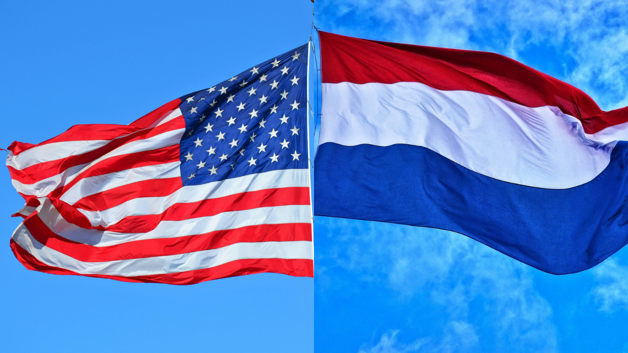 Bandeiras dos Estados Unidos e da Holanda, representando possibilidade de novos voos para a América do Norte e Europa